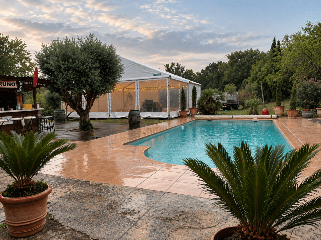 Piscine avec tente de réception éclairée, bar et olivier dans un jardin élégant lors d'une soirée au crépuscule.