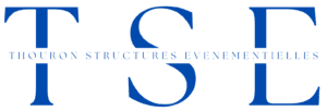 Logo TSE : T S E majuscules stylisées en bleu avec THOURON STRUCTURES EVENEMENTIELLES en dessous.