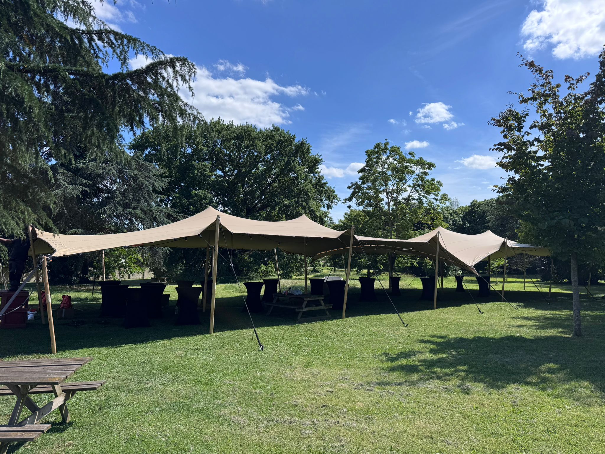 Tente stretch beige sur pelouse pour réception en extérieur, entourée d'arbres sous un ciel bleu ensoleillé.